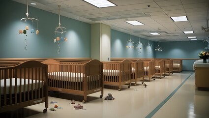 A row of cribs in a hospital room, providing a safe space for newborns. GENERATIVE AI