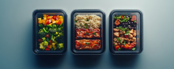 Three prepared meal containers with different healthy food options.