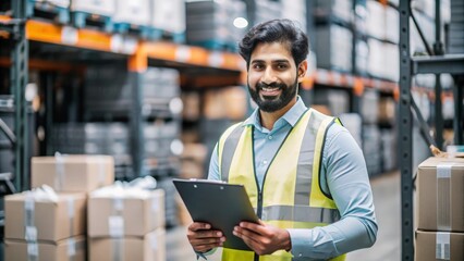 A portrait of an Indian logistician coordinating the shipment of goods in a logistics center.
