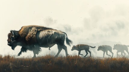 Bison and wolves running through a misty field.