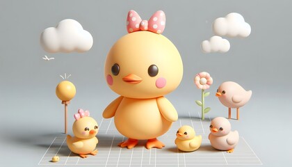 Cute duck 3D model with big eyes sitting on a light gray surface