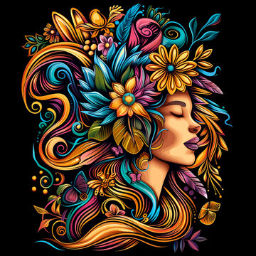 A woman with a flowery headdress is depicted in a colorful and vibrant painting. The painting is full of life and energy, with a sense of freedom and creativity. The woman's expression is serene