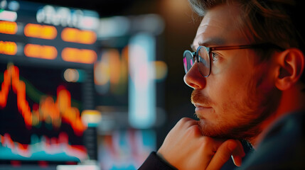 Investor trader analyzing financial trading crypto stock market checking balance digital data doing investing analysis looking at computer screen thinking of inflation drop risk. Over shoulder view.