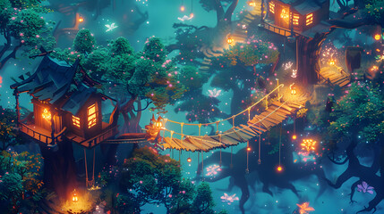 Obraz premium Isometric enchanted forest with glowing flowers and treehouses connected by rope bridges