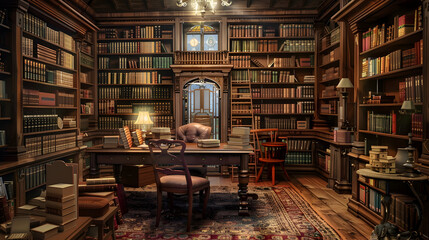 Obraz premium Librarian's Reading Room: A cozy desk surrounded by bookshelves in a quiet library, featuring a card catalog and a magnifying glass, signifying a knowledgeable library professional assisting patrons.