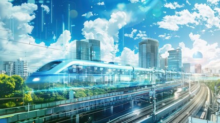 Fototapeta premium A train is traveling down a track with a city in the background