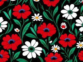 argyle daisy poppy marigolds pattern overlay in bright jewel tones black white cartoon drawing	