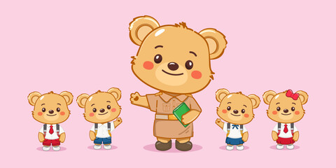 Cute little bear teacher mascot with children in student uniform. illustration vector premium.