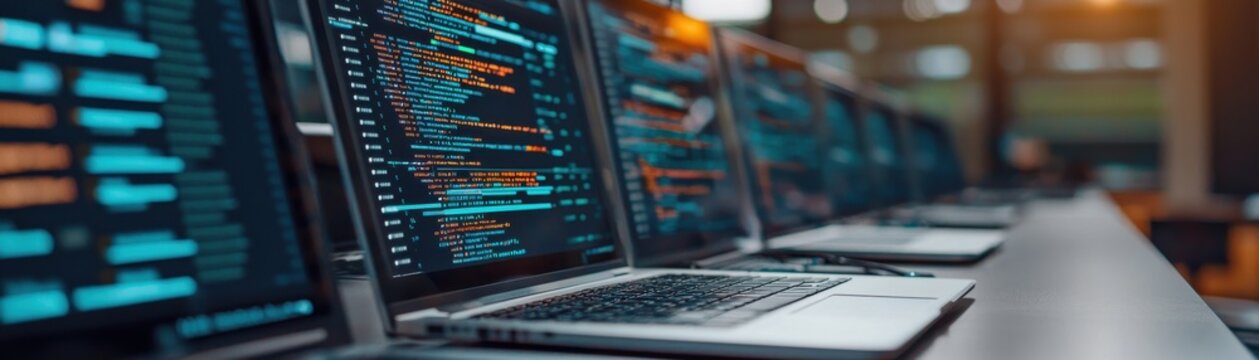 A modern workspace featuring multiple laptops displaying complex code and programming elements, ideal for tech and coding themes.