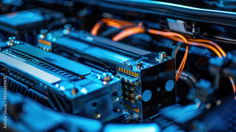 Canvas Prints a close up of a car engine with wires and a battery