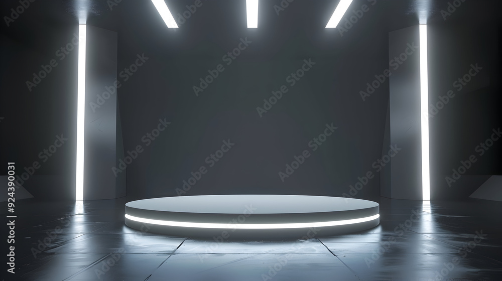 Poster modern product showcase sci-fi podium with white glowing light neon background. technology and objec