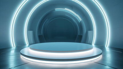 Obraz premium Modern product showcase sci-fi podium with white glowing light neon background. Technology and object concept. 3D illustration rendering