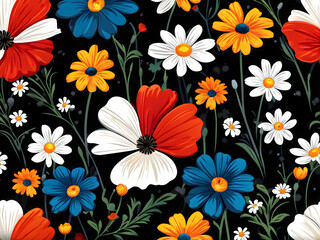 argyle daisy poppy marigolds pattern overlay in bright jewel tones black white cartoon drawing	
