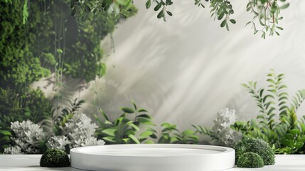 A white pedestal with a green background and plants