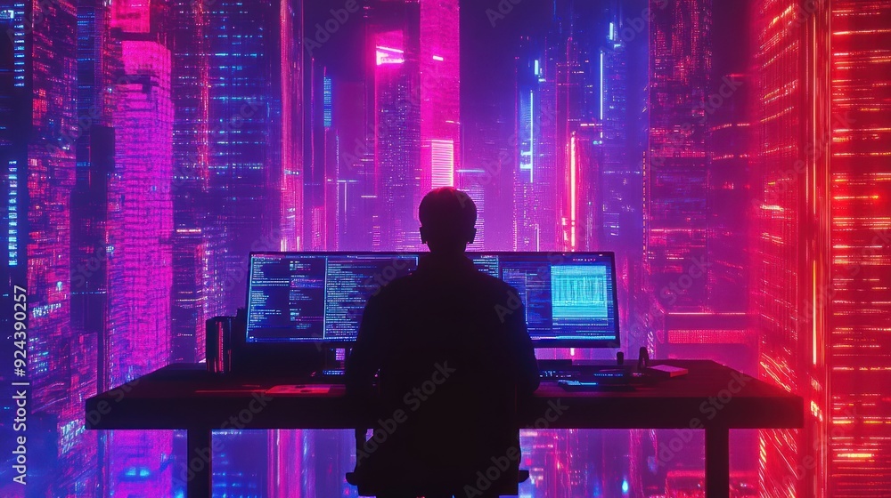 Aufkleber silhouette of a hacker in a futuristic cityscape