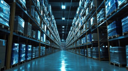 Rows of Pallet-Wrapped Boxes in a Large Industrial Warehouse