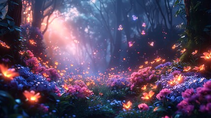 A fairy forest at dusk, bioluminescent mushrooms casting a gentle glow, fairies with sparkling wings hovering over vibrant flowers, a dreamy and mystical scene, rich colors and playful elements,