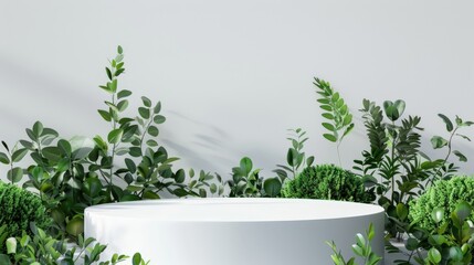 A white pedestal with a green bush in front of it