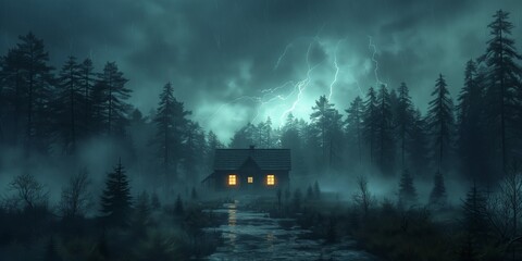 Lightning in the stormy sky above the lonely forest house at night. Scary old hut with light in window at thunderstorm.