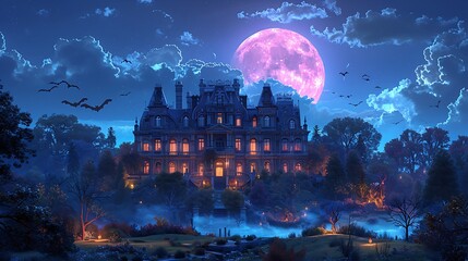 Fototapeta premium A haunted mansion atop a hill, with creepy, gnarled trees, bats flying against a full moon, broken windows and an overgrown garden, a spooky and mysterious scene, whimsical cartoon style, hd quality,