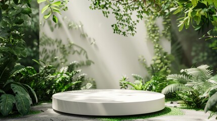 A white pedestal in a lush green garden