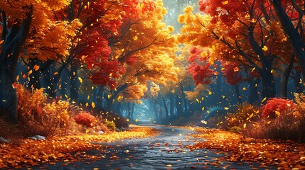 A magical autumn forest path covered in fallen leaves, vibrant colors of gold and crimson, a gentle stream winding through the landscape, trees arching overhead, a whimsical and peaceful atmosphere,