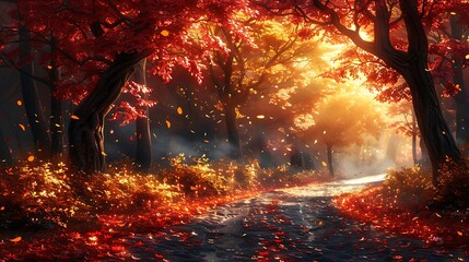 Fototapeta premium A magical autumn forest path covered in fallen leaves, vibrant hues of red and gold, a gentle stream winding alongside, trees arching overhead with sunlight streaming through,
