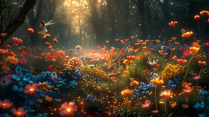 Naklejka premium A magical forest clearing, glowing mushrooms in various shapes and sizes, fairies dancing around colorful flowers, soft light filtering through the trees, ethereal and whimsical vibe,