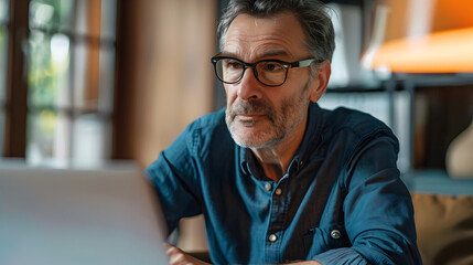 Fototapeta premium Serious older mature middle aged man wearing eyeglasses looking at computer technology sitting at table, using laptop hybrid working online, elearning, watching webinar writing notes. Vertical