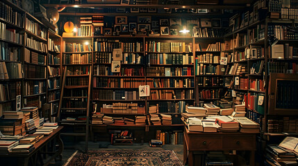 Obraz premium Shelves Filled with Old Books Create an Atmospheric Bookstore, Illuminated in Dim Lighting for an Ambiance of Mystery