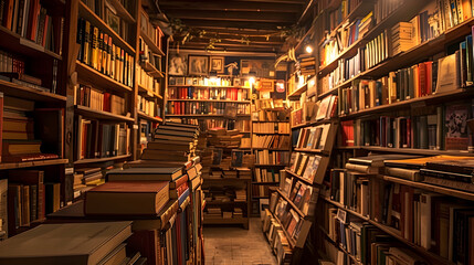 Obraz premium Shelves Filled with Old Books Create an Atmospheric Bookstore, Illuminated in Dim Lighting for an Ambiance of Mystery