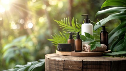 A wooden table with a variety of beauty products, including lotions and creams