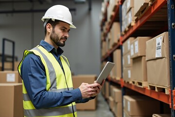Fototapeta premium A man worker at warehouse with a tablet, A focused warehouse worker, equipped with a digital tablet, efficiently manages inventory and operations within the bustling warehouse environment.