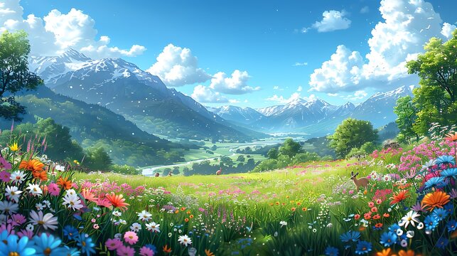 A magical landscape of gentle rolling hills and meadows, covered in blooming wildflowers, with grazing animals like deer and rabbits, and a sparkling river, under a sunny sky with soft clouds,