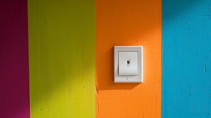 A wall of color has a white light switch installed on it