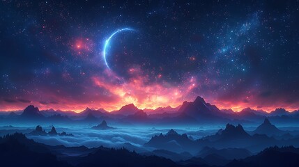 Naklejka premium A magical night sky filled with sparkling stars, a crescent moon shining down, and dark mountains silhouetted in the background, with a gentle glow illuminating the scene,
