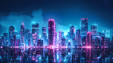 Fototapeta premium Retro futuristic city in cyberpunk style smart towers under a dark sky vibrant blue and pink hues