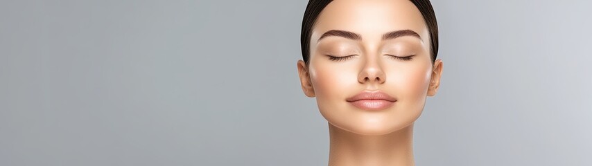 Obraz premium Soft glow beauty shot Calm Face a serene portrait of a woman with closed eyes, showcasing natural beauty and a calm expression, perfect for themes of wellness and self-care.