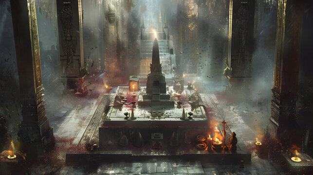 Sacrifice: The Altar and Offerings - Visualize an altar with offerings, illustrating the willingness of members of evil cults to make sacrifices for their leaders