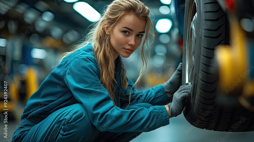 Wall mural beautiful woman kneeling by wheel in a garage changing tires wearing blue coveralls female auto mechanic