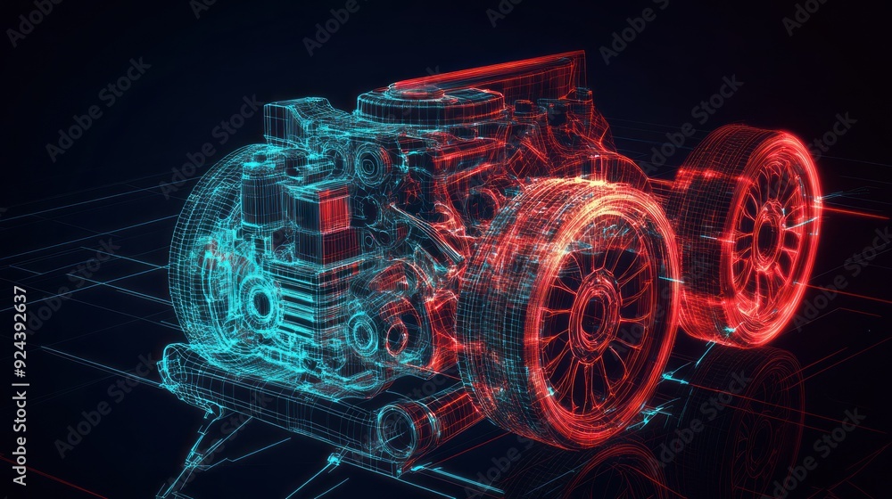 Poster wireframe rendering of a car engine and wheels with glowing lines