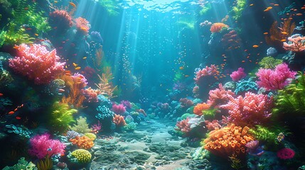 Naklejka premium A magical underwater landscape featuring vibrant coral reefs, schools of exotic fish, and a hidden mermaid city nestled among the corals, sea plants swaying with the current,