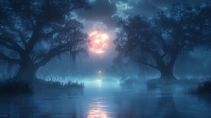 Fototapeta premium A mystical swamp with gnarled trees, murky waters, and glowing eyes watching from the darkness, dense fog and a full moon creating a spooky ambiance, a whimsical and eerie cartoon style, hd quality,