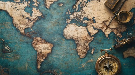Naklejka premium historical world map with retro navigation tools and compass, ideal for illustrating travel and discovery concepts