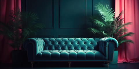 Obraz premium Living Room Modern Classic Minimalist Interior with Green Velvet Sofa and Tropical Plant on Dark Green Wall Background