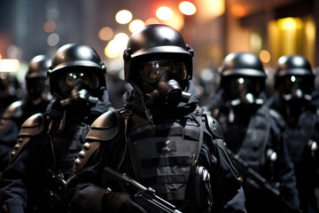 Fototapeta premium generated illustration SWAT team in full riot gear preparing to take on a riot.