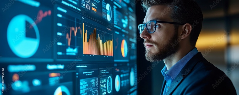 Poster data analysis for business success. intelligence and business analytics. businessman analyzing sale 