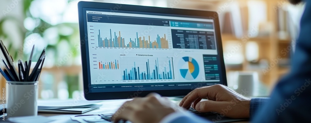Poster data analysis for business success. intelligence and business analytics. businessman analyzing sale 