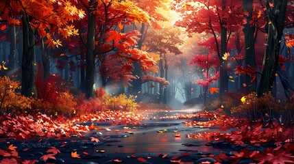 A picturesque autumn path in a forest, lined with colorful leaves, shades of red, orange, and yellow, a gentle stream running beside the path, trees shedding leaves,