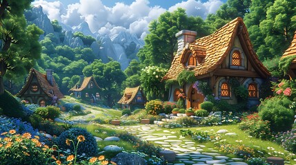 A picturesque woodland village with cozy cottages, winding stone paths, and cheerful woodland creatures, surrounded by lush green trees and blooming flowers, a magical and serene ambiance,